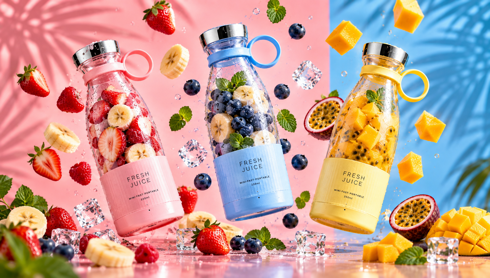 Trio de blenders FRESHJUICE™ rose, bleu et jaune avec fruits frais et glaçons