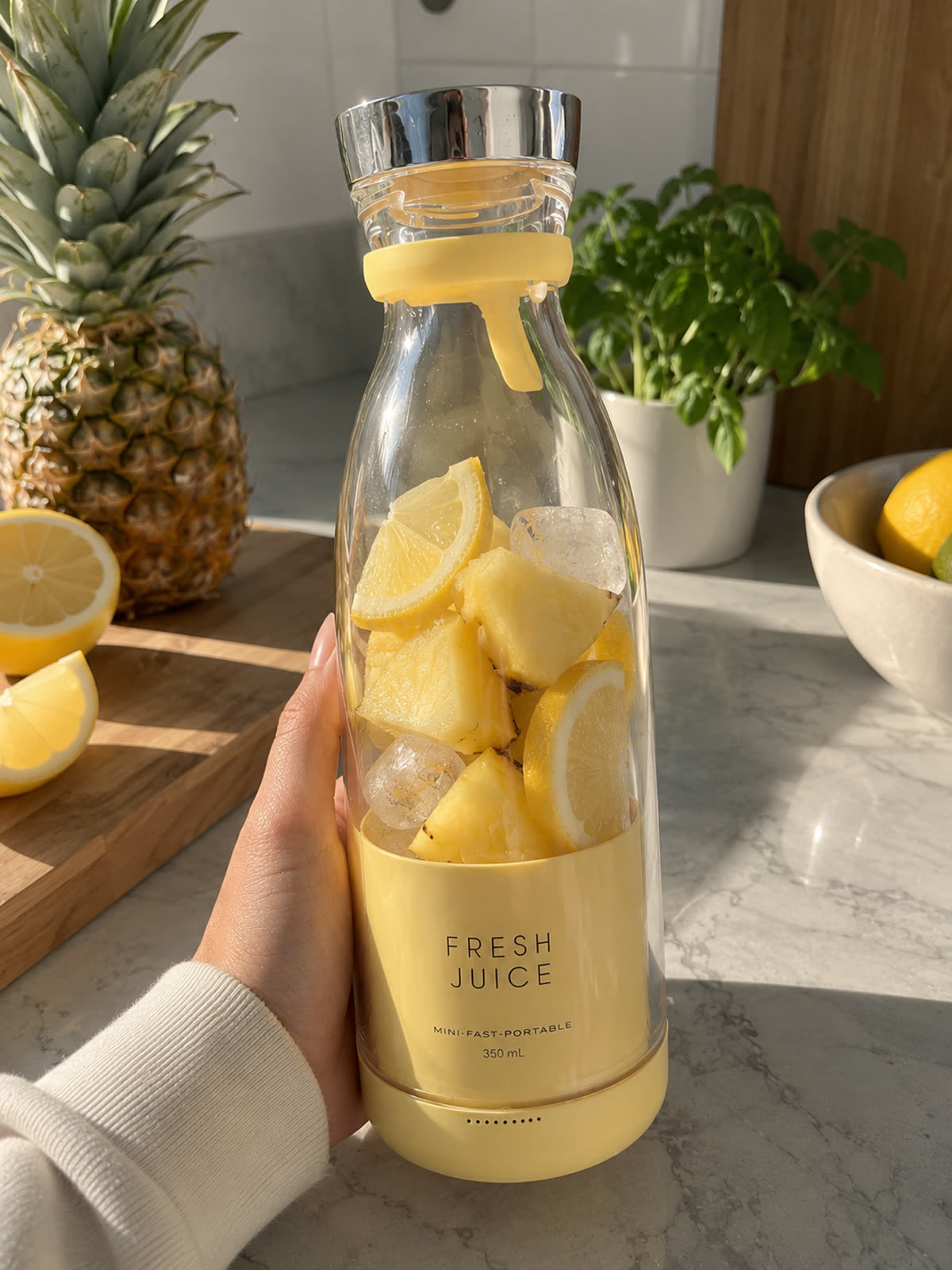 Blender portable jaune pastel rempli d'ananas, citron et glaçons dans une cuisine ensoleillée
