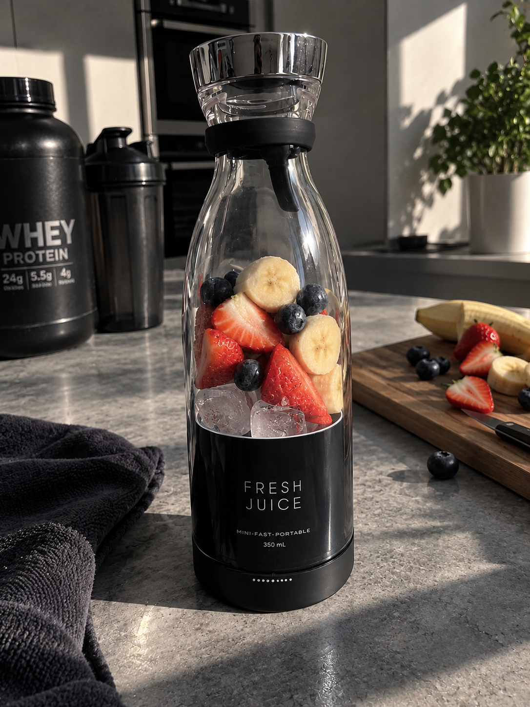Blender portable noir rempli de fraises, myrtilles, banane et glaçons sur un plan de travail