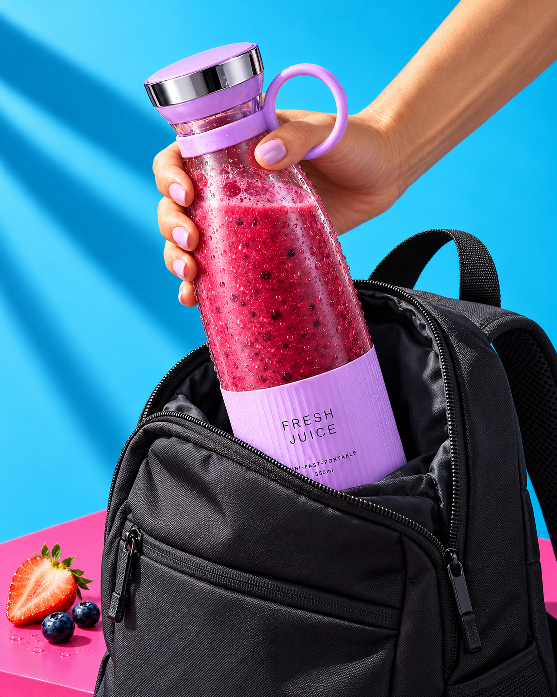 Blender portable violet sorti d'un sac à dos noir