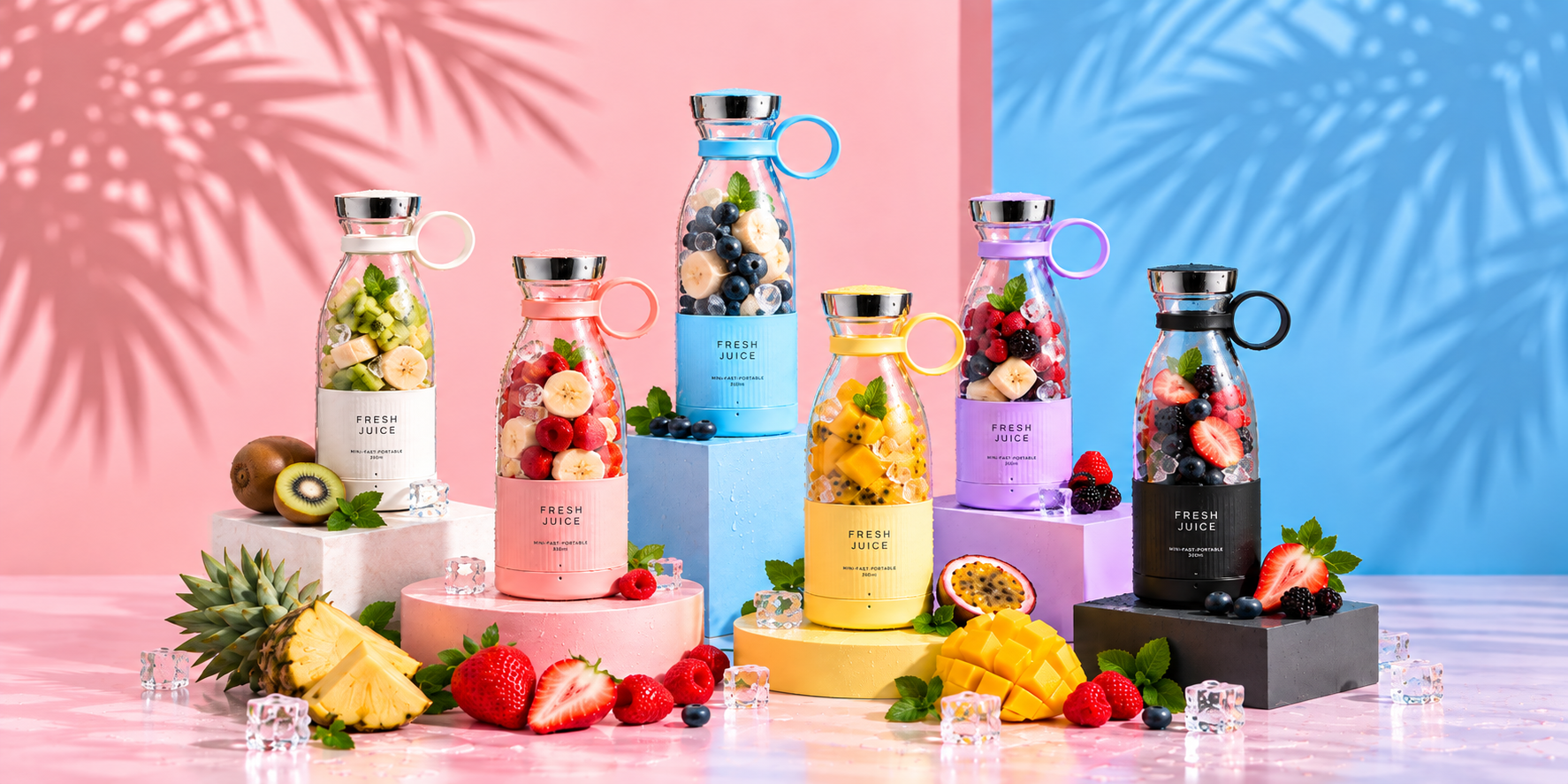 Gamme de blenders portables FRESHJUICE™ aux couleurs pastel avec fruits frais