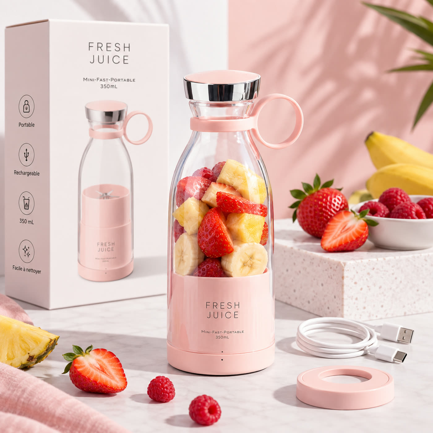 Blender portable FRESHJUICE™ 350 ml avec son coffret, son socle et son câble USB
