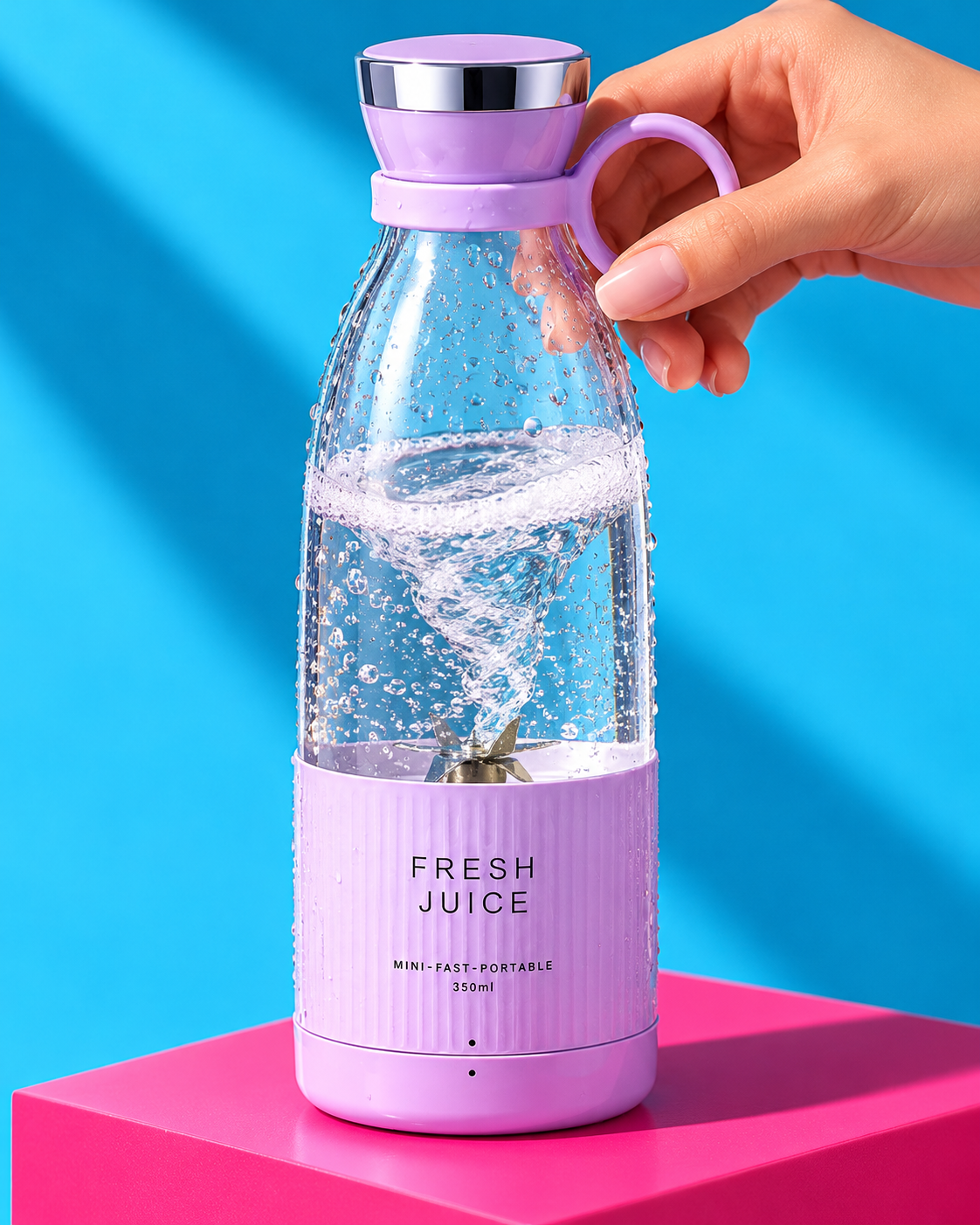 Blender portable mauve tenu à la main, eau qui tourbillonne autour des lames